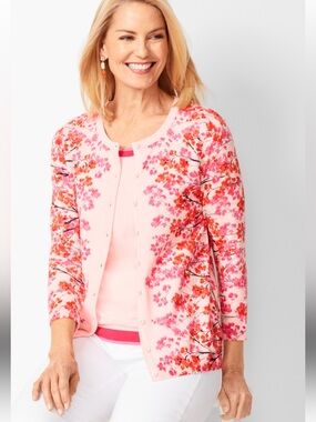 Charming Talbots cotton blend, Floral summer Cardigan blouse art to wear